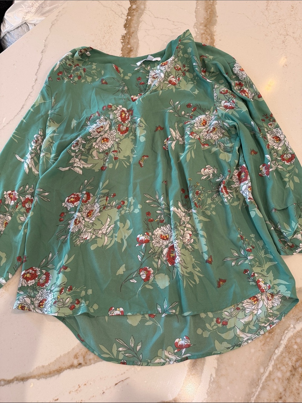 DR2 Teal Green Floral V-Neck Long-Sleeve Blouse